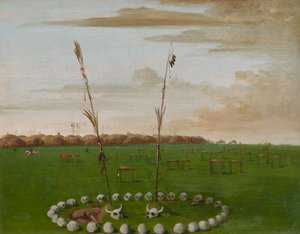 Vista posteriore del villaggio di Mandan, con il cimitero da George Catlin