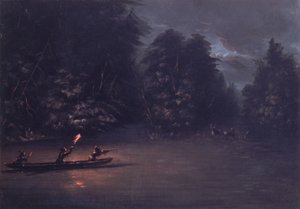Caccia al Cervo con Fiaccole in Canoe di Corteccia, 1846-1848 da George Catlin