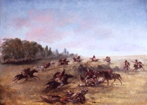 Un gruppo di guerrieri a cavallo perlustra una boscaglia da George Catlin