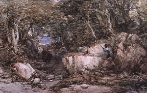 Valle Boscosa con Viaggiatori che si Avvicinano a un