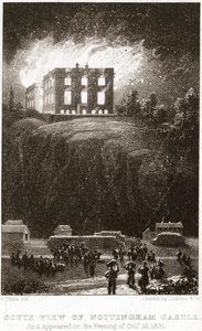 Il castello di Nottingham in fiamme, visto da sud da George Childs
