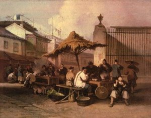 Un gruppo di cinesi che mangiano fuori dalla chiesa di San Domingo da George Chinnery