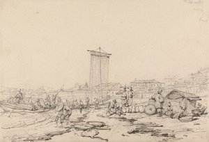Scena Costiera con Pescatori e Edifici, Macao da George Chinnery