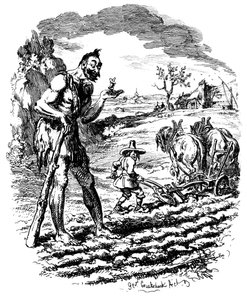 Un gigante in un campo mentre un contadino ara da George Cruikshank