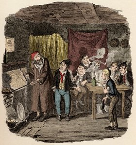 A Londra, Jack Dawkins detto la Volpe presenta Oliver a Fagin e alla sua banda di malviventi - Oliver presentato al rispettabile vecchio gentiluomo - Illustrazione per "Oliver Twist" (Le avventure di Oliver Twist) di Charles Dickens (1812-1870)