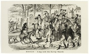Marzo - Un giorno con i segugi del Surrey dalle acqueforti di George Cruikshank per The Comic Almanacks: 1835-1853 da George Cruikshank