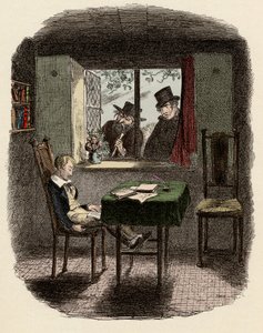 Monks e Fagin osservano Oliver dormire nella biblioteca dei Maylie - Illustrazione per 