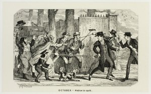 Ottobre - Avviso di abbandono dalle acqueforti di George Cruikshank a The Comic Almanacks: 1835-1853 da George Cruikshank