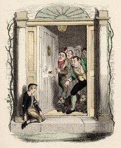 Oliver ferito e esausto chiede aiuto - Oliver Twist alla porta della signora Maylie - Illustrazione per "Oliver Twist" (Le avventure di Oliver Twist) di Charles Dickens (1812-1870)
