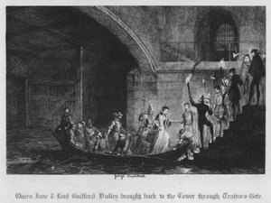 La regina Jane e Lord Guilford Dudley riportati alla Torre attraverso il Traitors Gate (incisione)