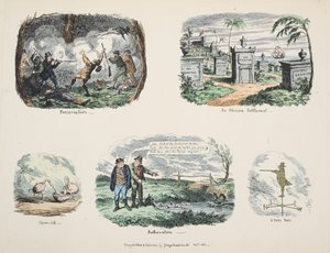 Frammenti e schizzi: Conservazione, un insediamento africano, Spatola, Confusione, Un uomo vanitoso, pub. 1831 da George Cruikshank