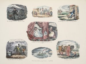 Serie di illustrazioni riguardanti i vantaggi e le carenze del possedere una gamba di legno da George Cruikshank