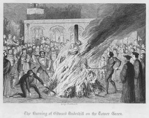Il rogo di Edward Underhill sul prato della Torre da George Cruikshank