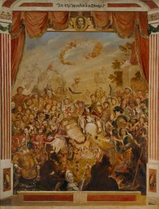 La prima apparizione di William Shakespeare (1564-1616) sul palco del Globe con parte della sua compagnia drammatica nel 1564 da George Cruikshank