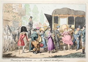 Viaggiare in Francia o Le Depart de la Diligence, pub. 1835 (incisione colorata a mano) da George Cruikshank