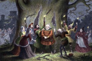 William Shakespeare Le Allegre Comari di Windsor, commedia rappresentata per la prima volta nel 1597 o 1600. Falstaff, dopo aver mantenuto il suo presunto appuntamento nella Foresta di Windsor con la Signora Ford come Herne il Cacciatore ed essere stato pi da George Cruikshank