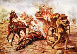 Bombardiere H.A. Creasey che aiuta a scaricare un carro di munizioni in fiamme sotto un pesante fuoco di artiglieria da George Derville Rowlandson