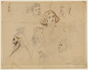 Schizzo per alcuni personaggi di Trilby, inclusi Trilby e Svengali da George du Maurier