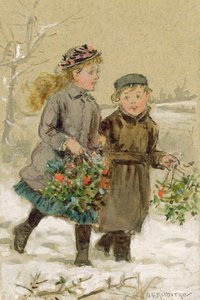 Bambini che giocano nella neve - Raccolta di agrifoglio