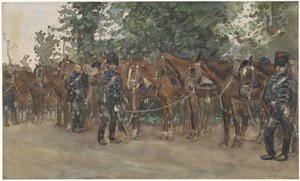 Ussari accanto ai loro cavalli lungo la strada da George Hendrik Breitner