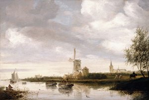 Paesaggio fluviale con chiatte e barche a vela e una chiesa sullo sfondo da George Henry Clements