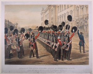 Parata delle Guardie Fusiliere Scozzesi a Buckingham Palace la mattina della loro partenza per il fronte, 2 marzo 1854, inciso da E. Walker, pubblicato da Colnaghi und Co., 1854 da George Housman Thomas
