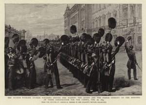Le guardie fusiliere scozzesi che sfilano davanti a Sua Maestà la Regina e al Principe Consorte la mattina del loro imbarco per la Crimea, 28 febbraio 1854 da George Housman Thomas