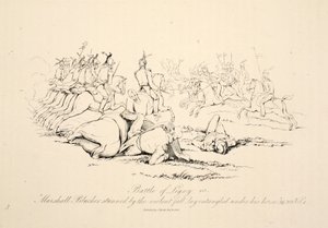 Battaglia di Ligny: il maresciallo Blucher stordito dalla caduta violenta rimase impigliato sotto il suo cavallo, pub J. Booth, 1816
