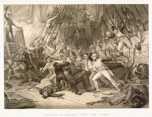 Horatio Nelson che abborda il San Josef alla Battaglia di Capo San Vincenzo, 14 febbraio 1797, inciso da John Crew dopo l