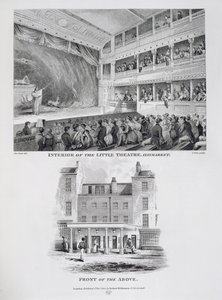 Interno del Little Theatre, Haymarket a Londra e la facciata sopra, inciso da James Stow, 1815 da George Jones