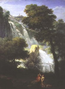 Veduta delle cascate di Terni con figure classiche in primo piano