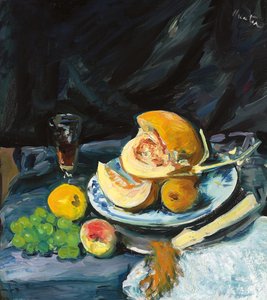 Natura morta con melone tagliato, bicchiere e ventaglio, c. 1920