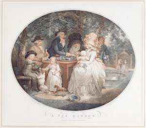 Un Giardino del Tè, incisione a colori a puntini dopo Morland di Francois David Saron da George Morland