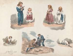 Set di cinque: studi di bambini, un cane, un gatto, ecc. da George Morland