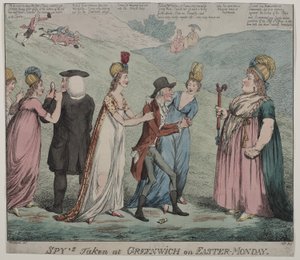 Madre Windsor con quattro delle sue cortigiane ordina alle sue ragazze di arrestare il Vescovo di Durham e il Duca di Queensbury, 1798 da George Moutard Woodward