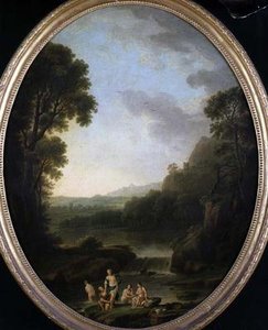 Un paesaggio boscoso con bagnanti