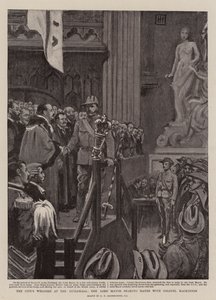Il benvenuto della città alla Guildhall, il sindaco che stringe la mano al colonnello Mackinnon da George Percy Jacomb Hood