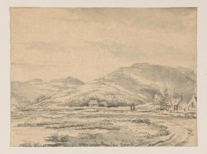 Paesaggio collinare con alcune case e un fiume a sinistra da George Pieter Westenberg