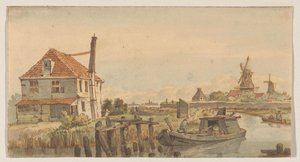 Canale con una barca, una casa e due mulini da George Pieter Westenberg