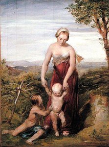 Una donna con due bambini in un paesaggio collinare