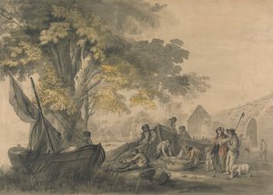 Barche, pescatori e contadini vicino a una chiusa da George Robertson