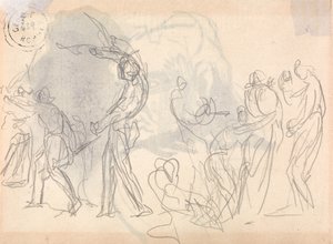 Uomini che escono a combattere, con una folla di donne rannicchiate alle spalle da George Romney
