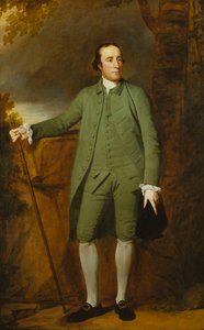 Ritratto di George Morewood, in piedi a figura intera, in un cappotto verde, gilet e calzoni, con un cappello nella mano sinistra e un bastone nella destra