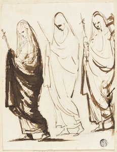 Processione di tre donne drappeggiate che tengono croci o scettri da George Romney