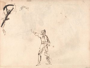 Figura in piedi con un braccio alzato, forse Macbeth