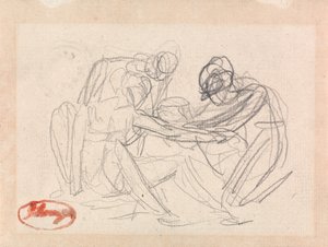 Due figure inginocchiate davanti a una figura seduta da George Romney