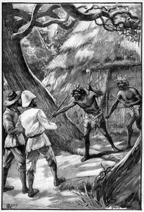 Illustrazione di George Roux per il libro di Jules Verne Il villaggio aereo (1901), edizione Hetzel/Voyages Extraordinaires, Mondi Conosciuti e Sconosciuti. Due sentinelle Wagdiss minacciano gli esploratori con le loro armi ramificate da George Roux