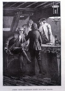 Scena di storia nella piazza della nave: il giovane Jim Hawkins davanti al Dr. Livesey e al Cavaliere Trelawnay - in 