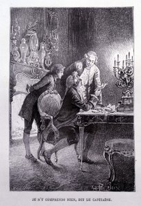 Giovane Jim Hawkins, Cavaliere Trelawnay e Dottor Livesey si riconciliano in un salotto - in "L