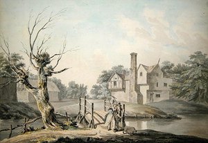 Figure rustiche che attraversano un ponte vicino a una fattoria da George Samuel